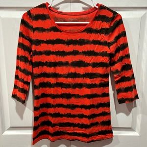RELATIVITY Women’s Quarter Sleeve Orange Black Striped Scoop Shirt Top - size S